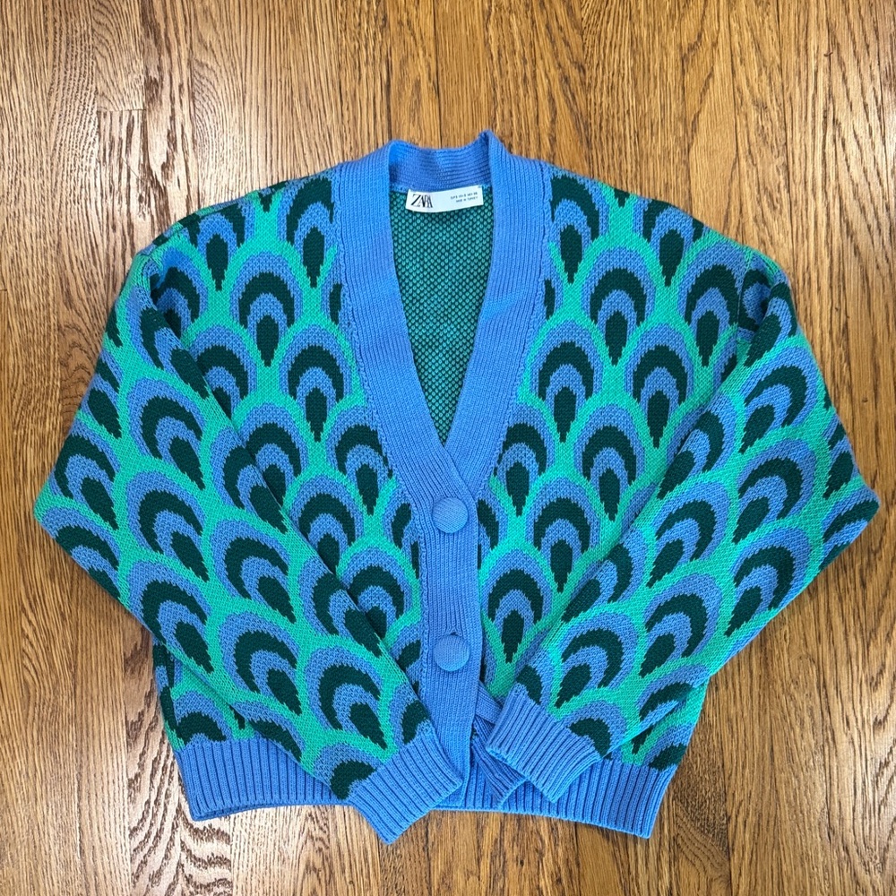 Zara Blue and Green Peacock Pattern Cardigan